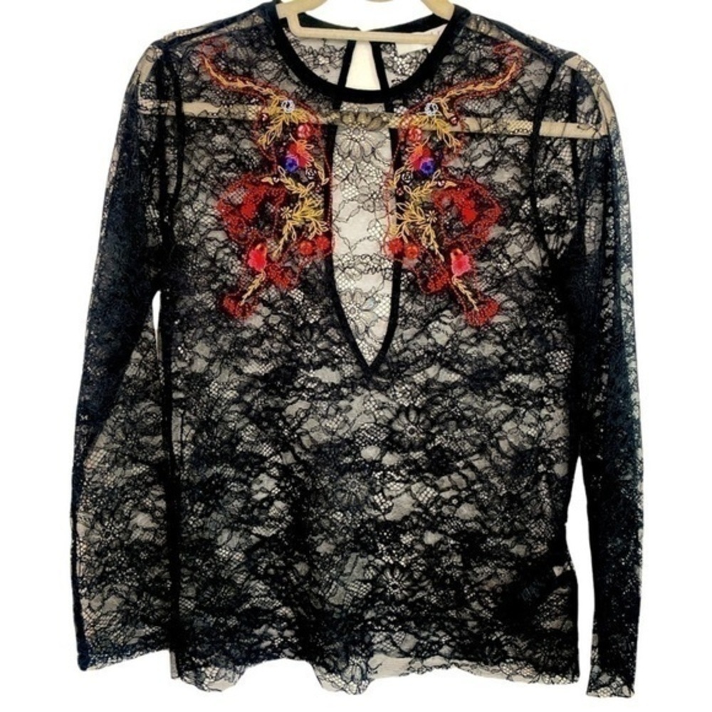 Sandro Paris Black Lace Long Sleeve Embroidered Tiger Size Small